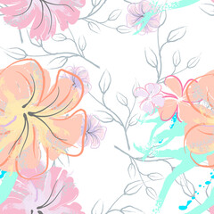Pink Flowers Blooming Pattern. Pastel Watercolor.