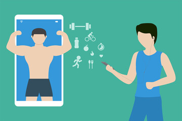 vector illustration of man training fitness online with smart phone