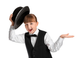 Little actress on white background