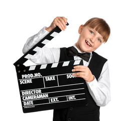 Little girl with movie clapper on white background