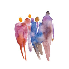 Color spot with watercolors in the form of a group of people.  Watercolor hand painted silhouette of man and woman