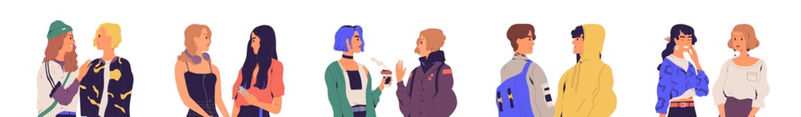 Set of modern male and female characters chatting or talking. Collection of young men and women meeting and communicating. Dialogs between people. Flat vector illustration isolated on white background