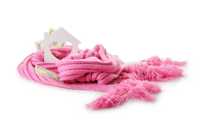 Figure of house, money and warm scarf on white background. Concept of heating season