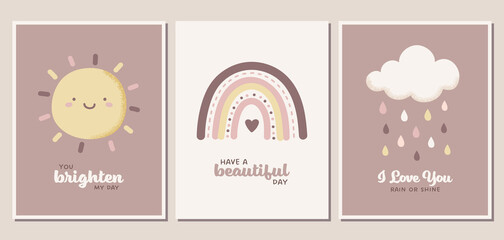 Weather themed greeting card set. Sun, rainbow, cloud, and raindrops in neutral pastel colors. Can be used for banners, nursery posters, covers, and more.