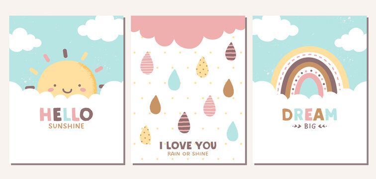 Weather themed greeting card set. Sun, rainbow, cloud, and raindrops in pastel colors. Can be used for banners, posters, covers, and more.