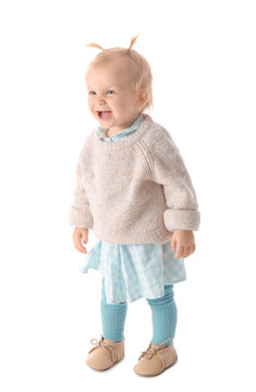 Portrait Of Happy Little Baby Girl On White Background