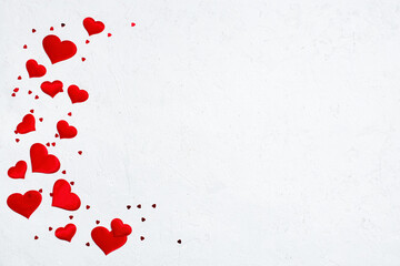 Festive background with various hearts on white, copy space