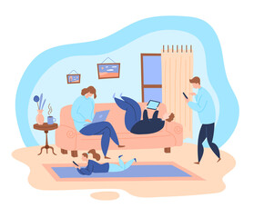 Cartoon Color Characters People Family and Social Media Addiction Concept. Vector