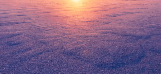 beautiful blue and purple colored snow field surface illuminated by evening sunset , violet snow texture , original winter background