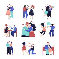 Couple in love characters. Loving people, happy woman man with gift. Romance character in restaurant, valentine day dating decent vector set. Beautiful love girlfriend and boyfriend illustration