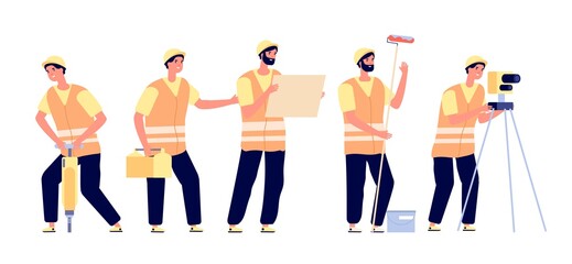 Builder in vests. Construction worker safety, engineers with smiling foreman. Flat men in protect, industrial persons utter vector concept. Worker man professional, building engineer illustration