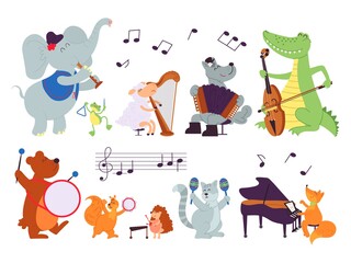 Animals with instruments. Wild music characters, sheep play in orchestra. Baby cartoon musicians, concert in zoo decent vector illustration. Animal orchestra band, trumpet and maracas music