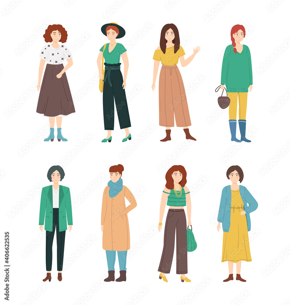 Wall mural Cartoon Color Character Fashion Woman and Female Trendy Clothes Concept. Vector