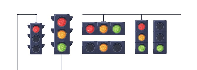 Set of traffic lights with red, yellow and green signals. Stoplights with prohibitory, allowing and waiting signs. Equipment for road movement control. Flat vector illustration isolated on white