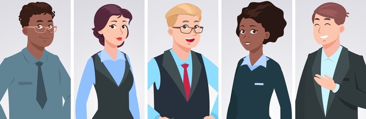 Professionals portraits. Diverse business people, ethnically mixed happy persons. Office managers characters, corporate face team vector set. Business people professional diverse portrait illustration