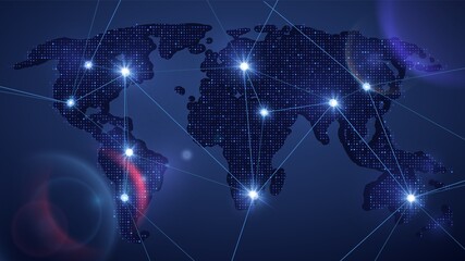 Shine world map. Multicultural network, information transfer between countries. International work, lights vector background. Shine network blue, glow futuristic digital glowing map illustration