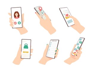 Cartoon Human Hands Holding Smartphones Icons Set. Vector