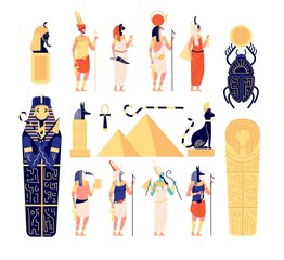 Egyptian elements. Ancient egypt gods, goddess mythology sculpture. Flat pyramid, isolated historical archeology symbols utter vector set. Goddess mythology civilization, pharaoh ancient illustration