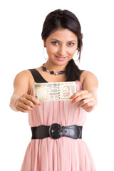 Happy young woman holding Indian 500 rupee notes on white.