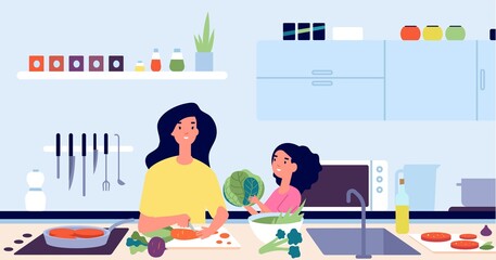 Mother children cook. Mom chef cooking, cartoon parent and daughter preparation food. Fun family on kitchen, dinner time utter vector concept. Mother and daughter cook, cooking dinner illustration