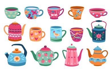 Cups and teapot. Scandinavian kitchen cup, trendy colored coffee mug kettles. Floral ornaments crockery, breakfast dishes exact vector set. Teapot and cup, kitchenware tea cartoon illustration