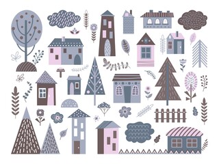 Cute scandinavian buildings. Abstract architecture, city landscape elements. Isolated nordic village house, rural home vector set. Building city, house and village, architecture home illustration © MicroOne