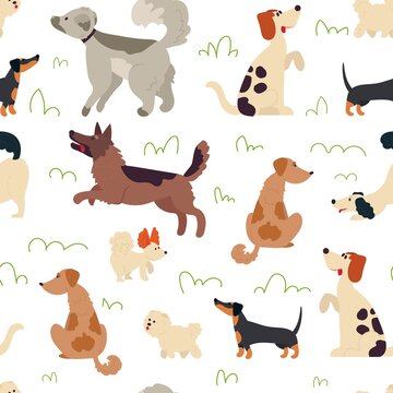 Cute dogs pattern. Animal seamless background, doodle trendy pets. Drawing cartoon puppy, nursery decorative wrapping decent vector print. Illustration pet and puppy, background seamless