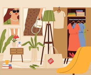 Chaos in room. Female zone, living or girl flat interior. Wardrobe, fashion posters on wall, sale shopping bag in apartment vector illustration. Girl chaos and dirty room, apartment interior