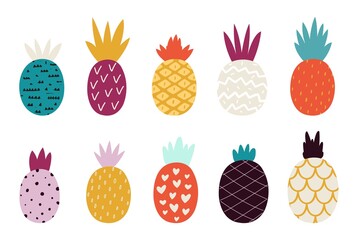 Doodle abstract pineapple. Colorful pineapples, fruits print. Fresh textured exotic food drawing, isolated decorative scandinavian style plants vector collection. Pineapple summer fruit illustration