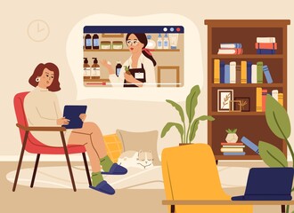 Video streaming. Woman watch online show, beauty information channel. Blogger, female character relax at home vector illustration. Online video blogger, channel internet blog