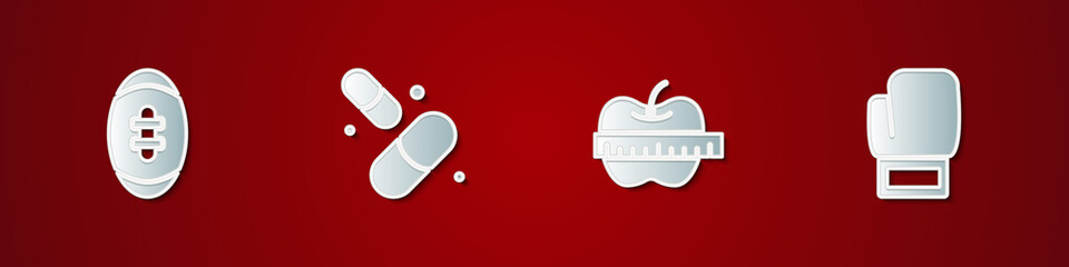 Set American Football ball, Vitamin pill, Apple and measuring tape and Boxing glove icon. Vector.