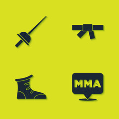 Set Fencing, Fight club MMA, Sport boxing shoes and Black karate belt icon. Vector.