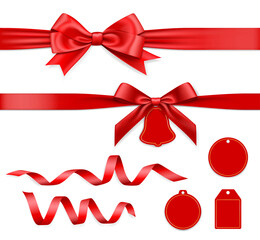 Realistic Detailed 3d Red Ribbon and Bow Set. Vector