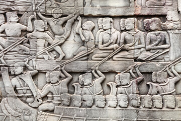 Bas-relief on wall of Prasat Bayon temple, Angkor Wat, Siem reap, Cambodia