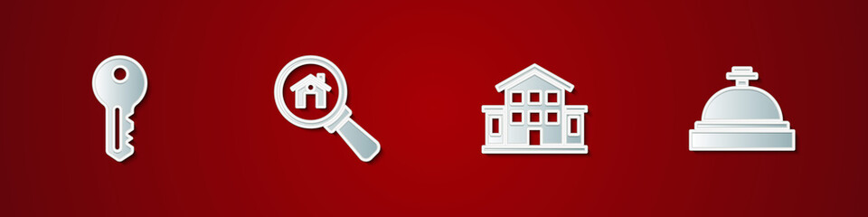 Set House key, Search house, and Hotel service bell icon. Vector.
