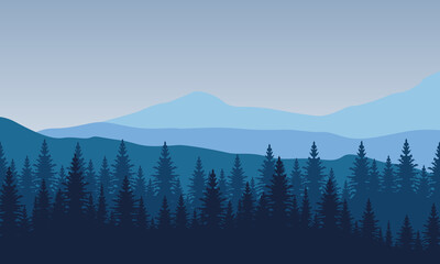 Realistic scenery of mountain landscape with silhouettes of spruce trees. Vector illustration