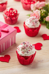 Valentine cupcake with red hearts
