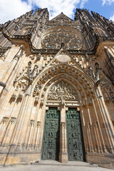 Front view of the main entrance to the St. Vitus cathedral in Prague Castle in Prague, Czech Republic