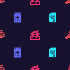 Set House contract, Washer, Hanging sign with text Sold and Skyscraper on seamless pattern. Vector.