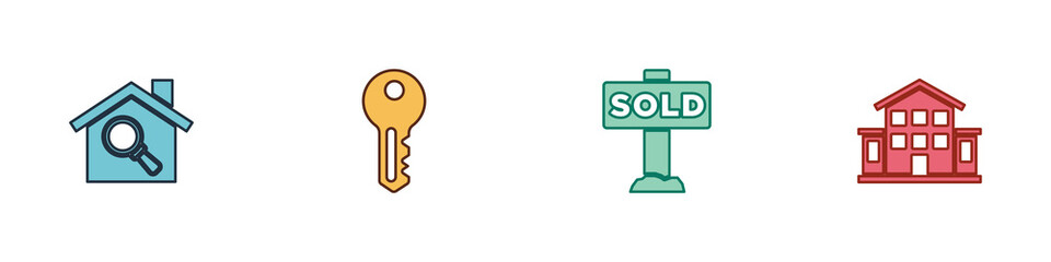 Set Search house, House key, Hanging sign with text Sold and icon. Vector.