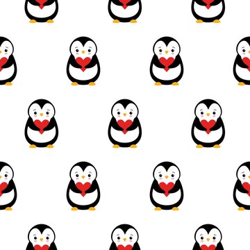 seamless pattern texture of penguin and heart on white background.