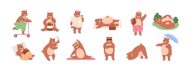 Set of funny bear characters riding scooter, eating honey and icecream, waving with paw, dancing, lying, rolling, exercising and sleeping. Colored flat vector illustration isolated on white background