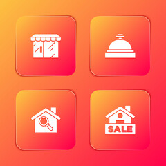 Set Market store, Hotel service bell, Search house and Hanging sign with Sale icon. Vector.