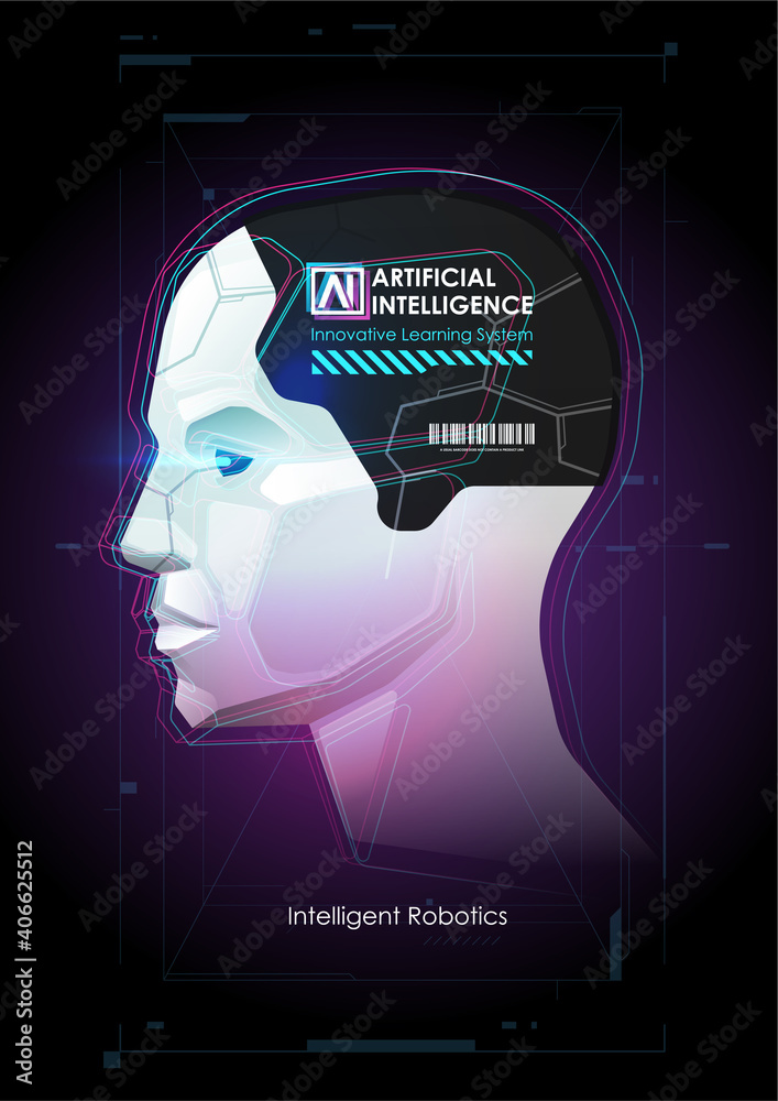 Poster robot with artificial intelligence working with virtual interface. big data. ai concept. robot face.