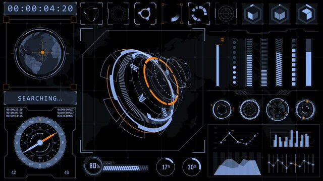 Motion graphic of head up display ( HUD UI ) technology interface screen with futuristic 3D elements graph and chat panel