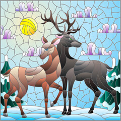 Illustration in stained glass style with a pair of deer on the background of a winter landscape