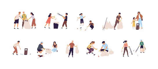 Fototapeta na wymiar Set of people collecting garbage into bags and throwing rubbish into trash can. Children and adults cleaning nature by picking up litter. Colored flat vector illustration isolated on white background
