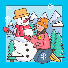 Vector illustration of a girl making a snowman in winter