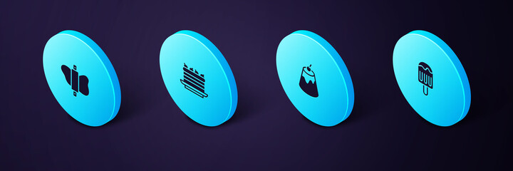 Set Isometric Ice cream, Pudding custard, Cake and Rolling pin on dough icon. Vector.