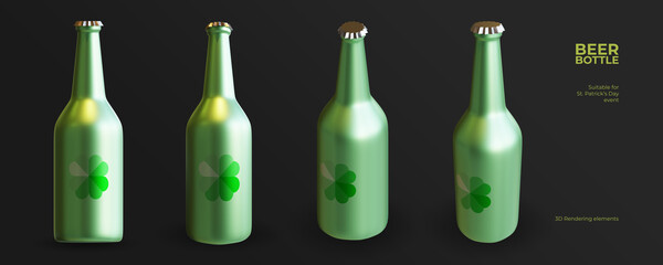 Beer Bottle 3D Rendering Elements, with clover logo, suitable for St. Patrick's Day